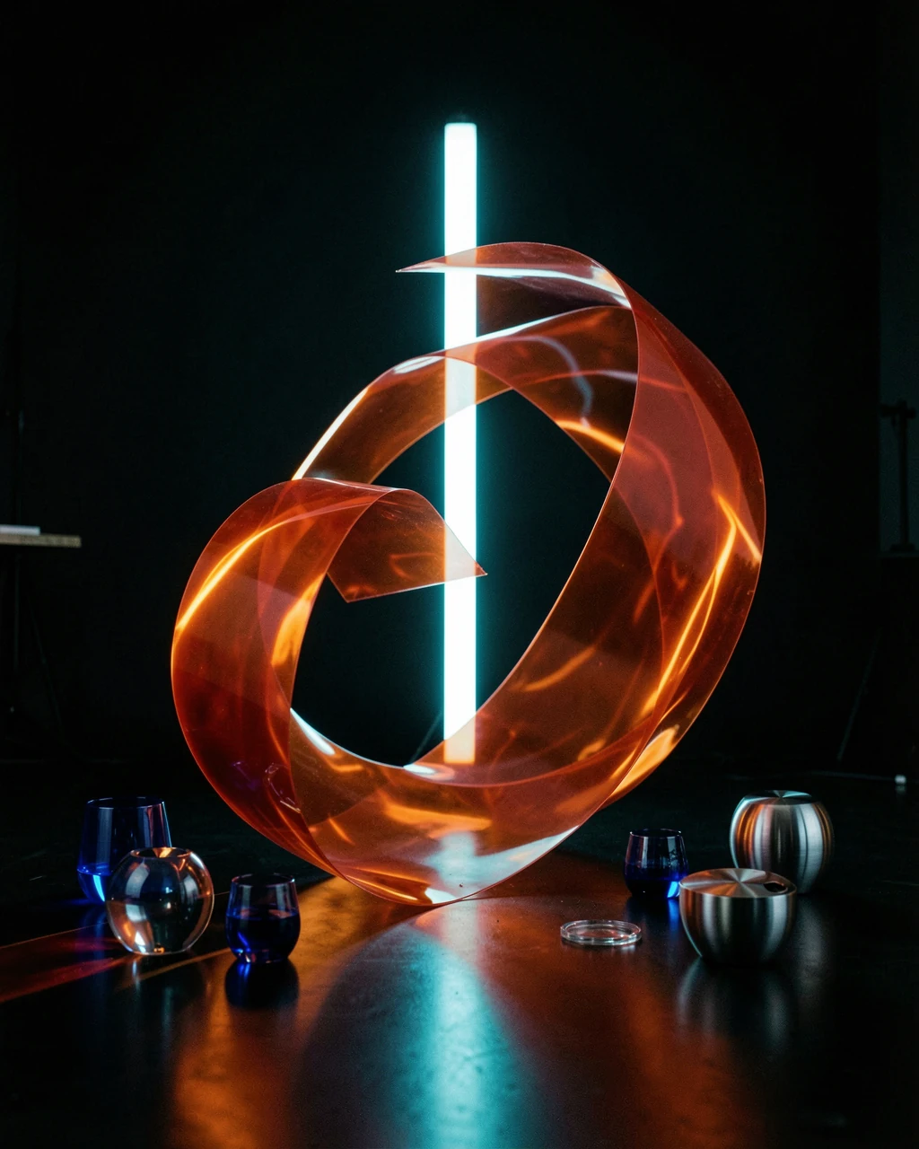 Concept artwork: a translucent amber ribbon sculpture wrapped around a cyan light in a dark atelier